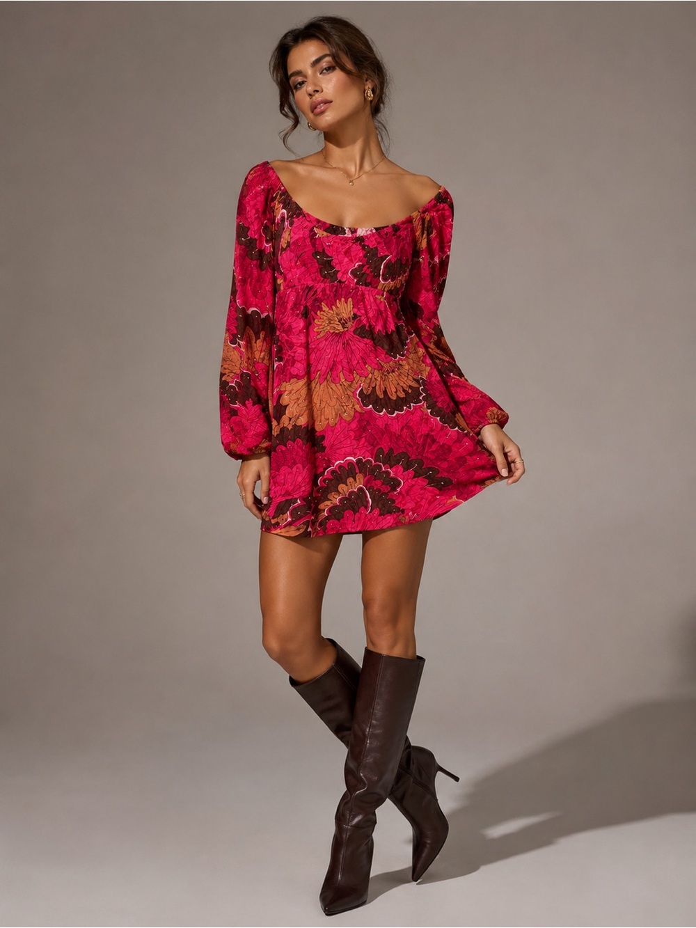 American Rag Fuchsia Floral Off-Shoulder Mini Dress